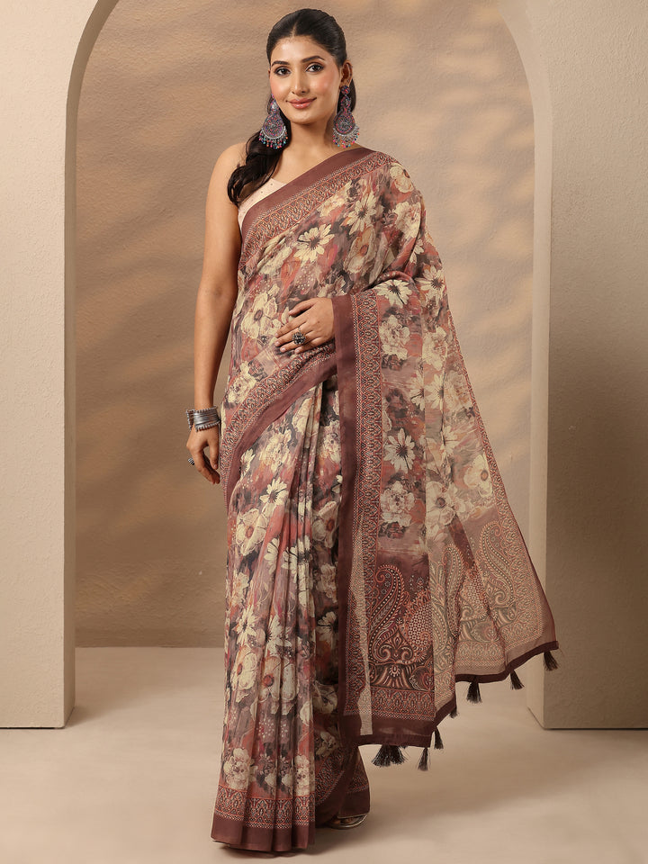 Brown Printed Silk Blend Saree With Unstitched Blouse Piece