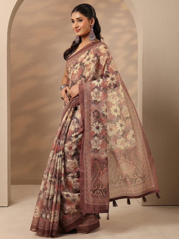 Brown Printed Silk Blend Saree With Unstitched Blouse Piece