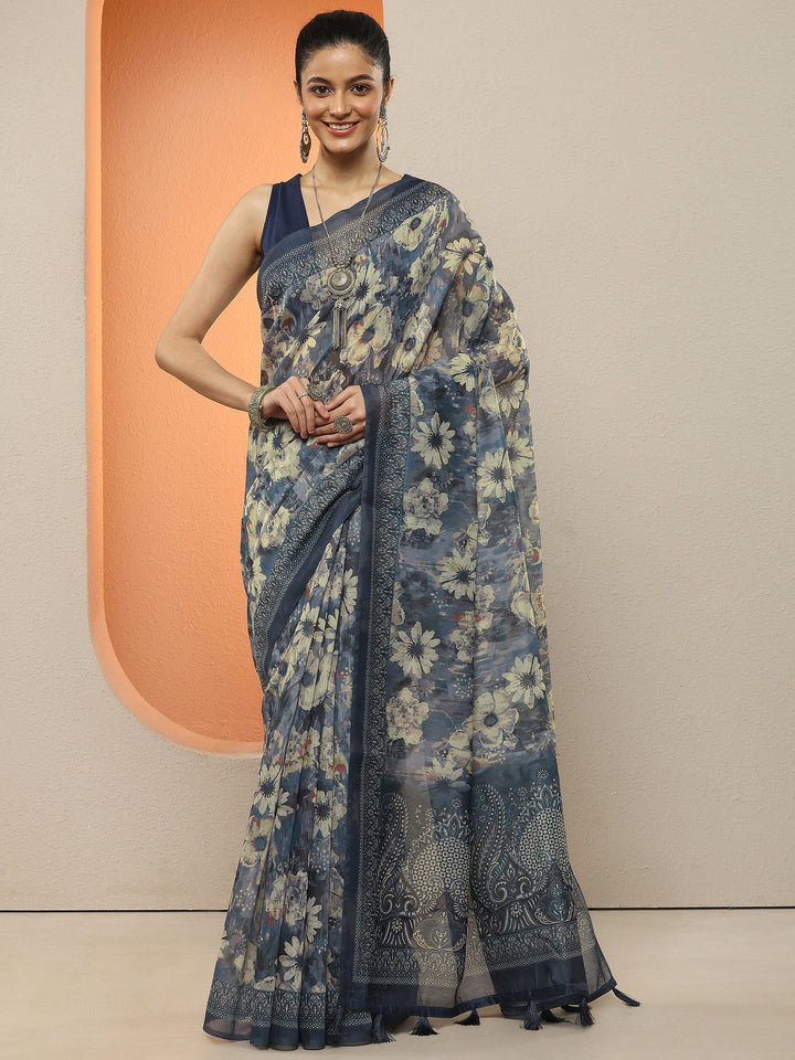 Blue Printed Silk Blend Sarees With Unstitched Blouse Piece