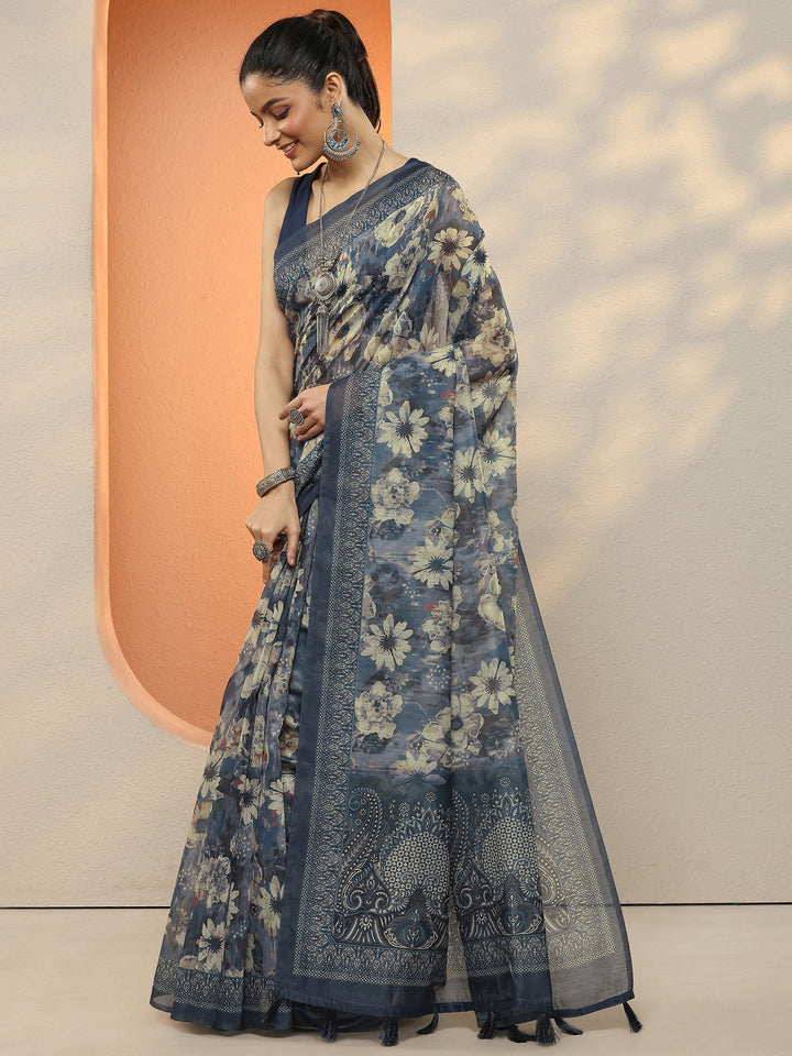 Blue Printed Silk Blend Sarees With Unstitched Blouse Piece