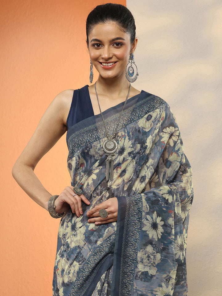 Blue Printed Silk Blend Sarees With Unstitched Blouse Piece