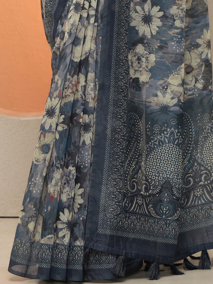 Blue Printed Silk Blend Sarees With Unstitched Blouse Piece