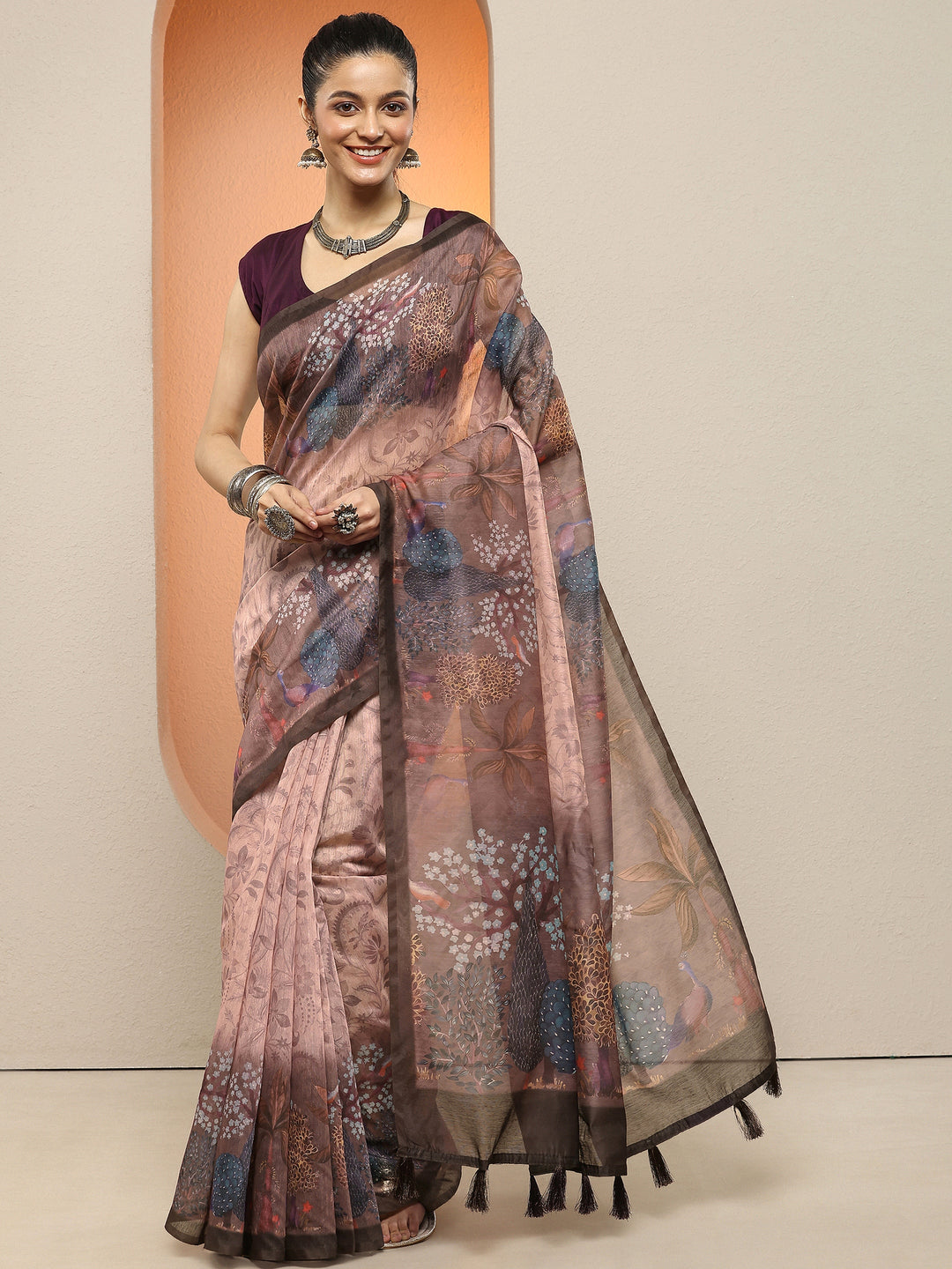 Brown Printed Silk Blend Sarees With Unstitched Blouse Piece
