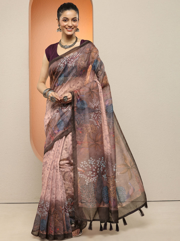 Brown Printed Silk Blend Sarees With Unstitched Blouse Piece