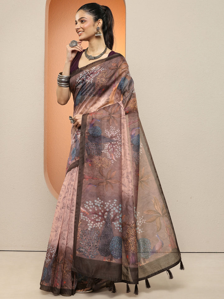 Brown Printed Silk Blend Sarees With Unstitched Blouse Piece