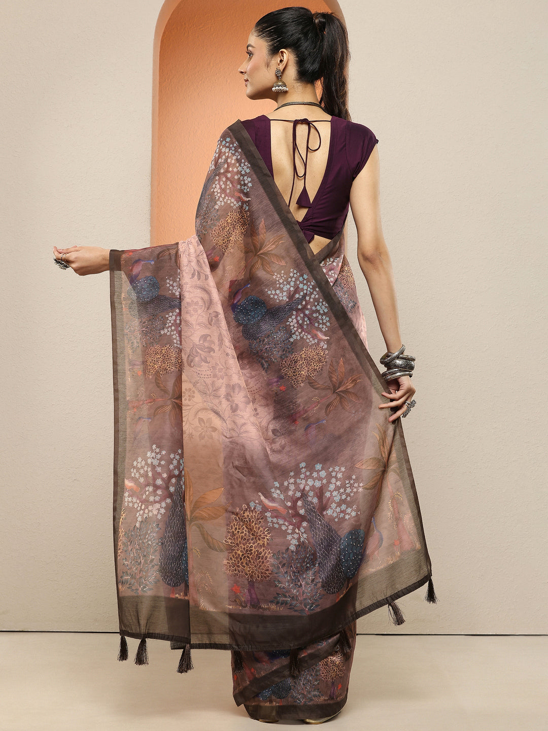 Brown Printed Silk Blend Sarees With Unstitched Blouse Piece