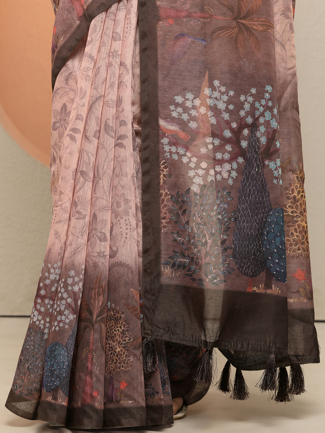 Brown Printed Silk Blend Sarees With Unstitched Blouse Piece