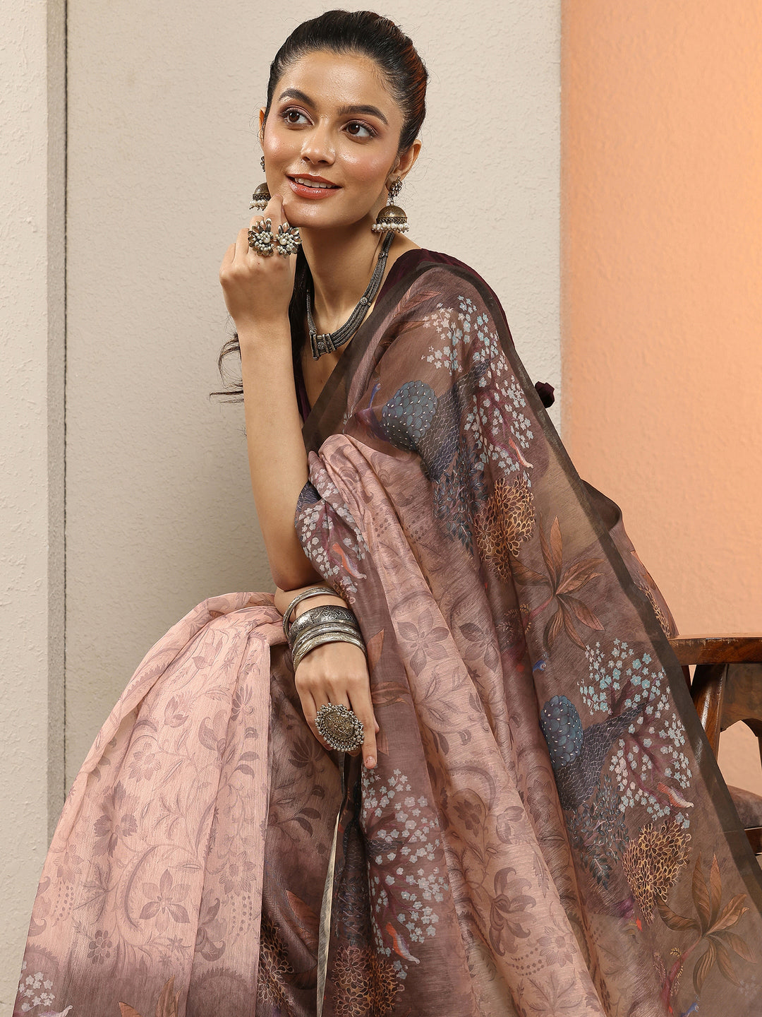 Brown Printed Silk Blend Sarees With Unstitched Blouse Piece