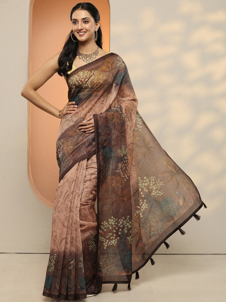 Beige Printed Silk Blend Saree With Unstitched Blouse Piece