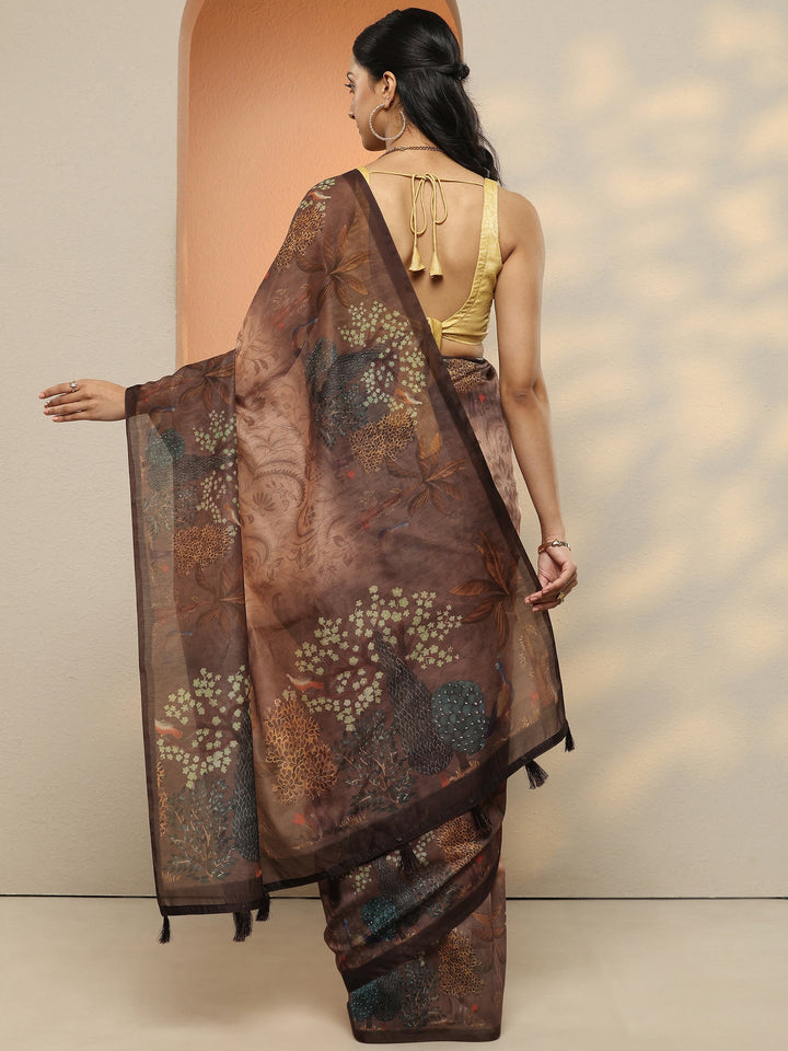 Beige Printed Silk Blend Saree With Unstitched Blouse Piece