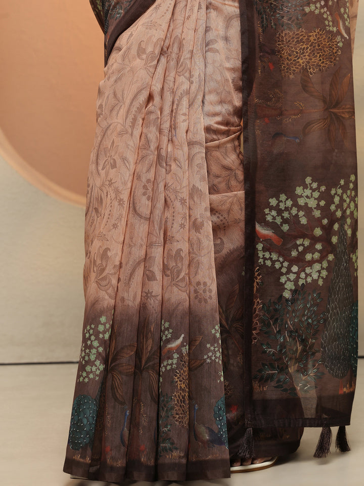 Beige Printed Silk Blend Saree With Unstitched Blouse Piece