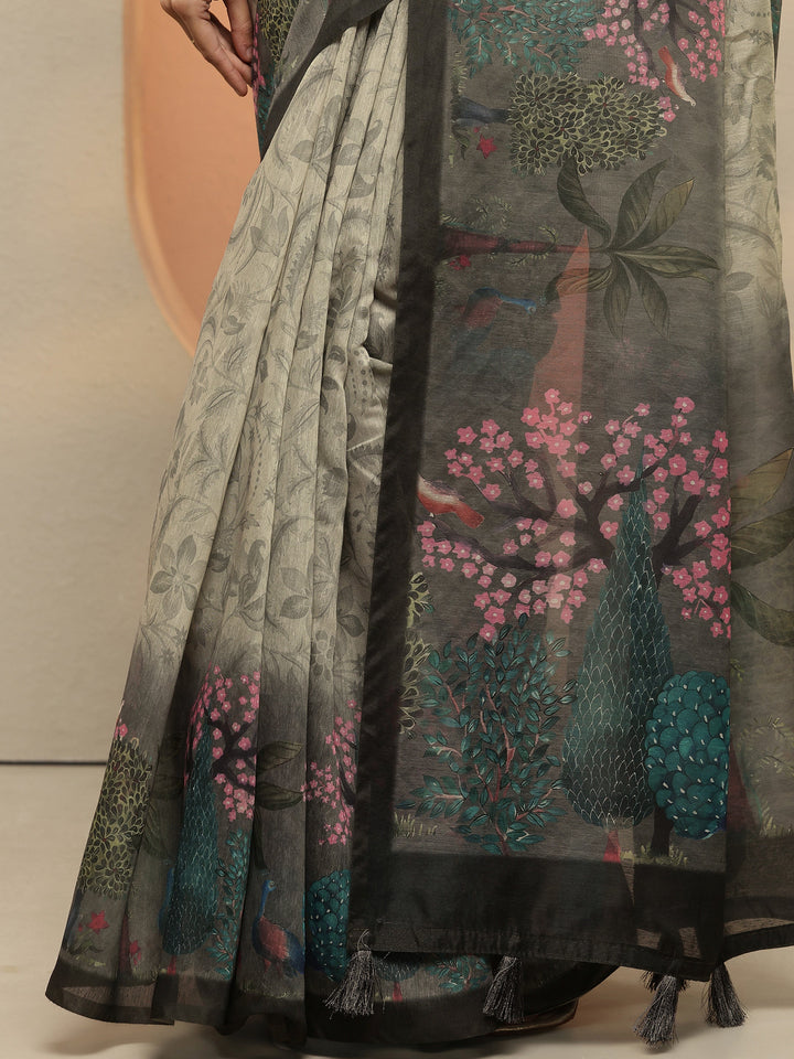 Grey Printed Silk Blend Saree With Unstitched Blouse Piece