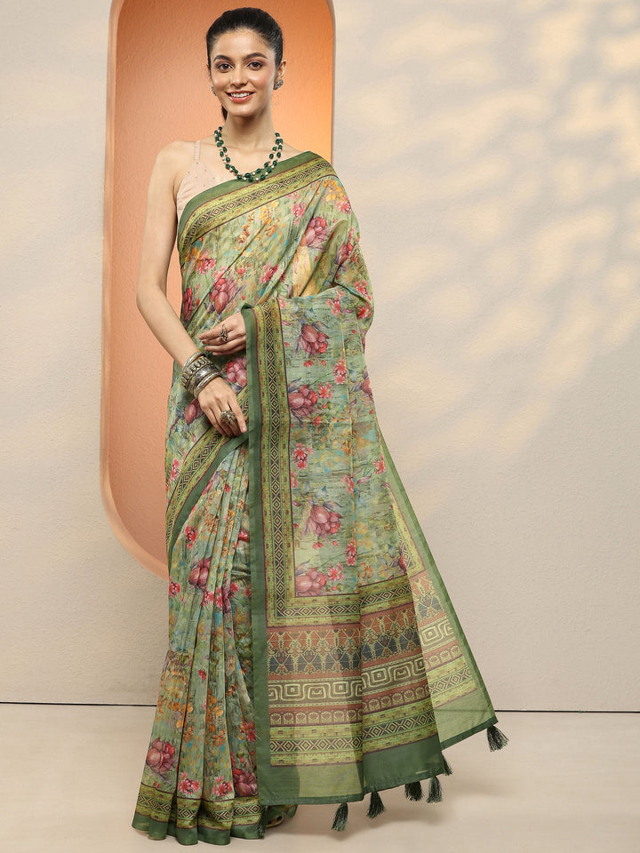 Green Printed Silk Blend Sarees With Unstitched Blouse Piece