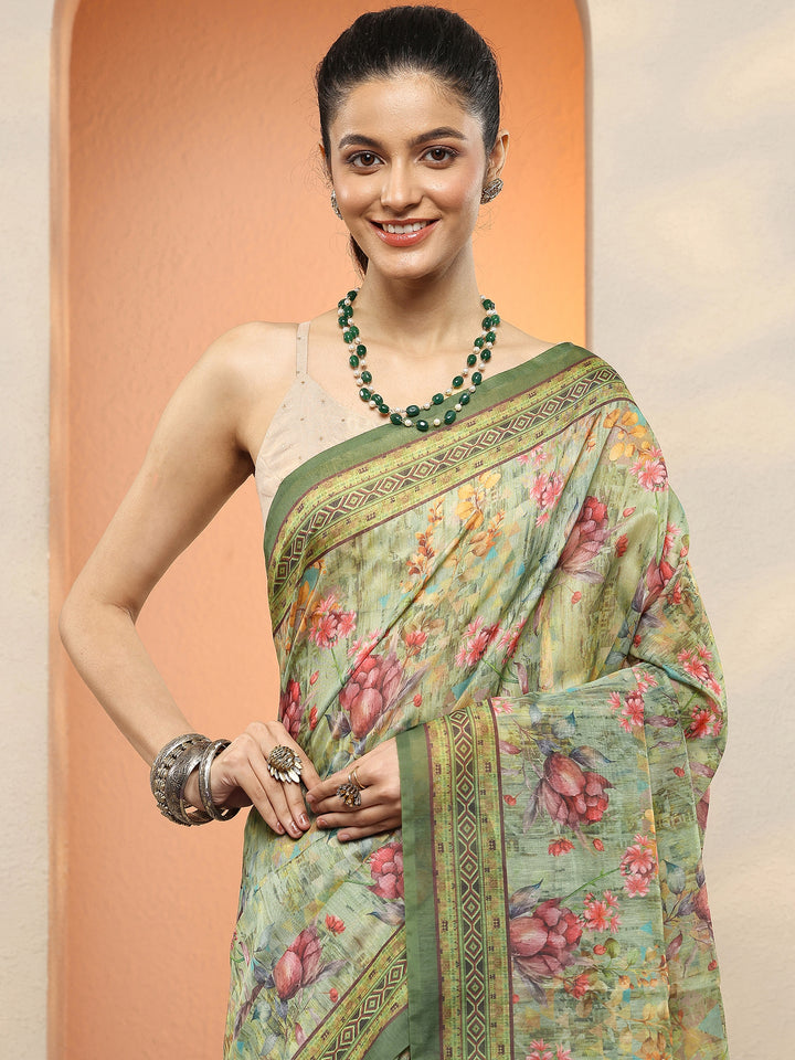 Green Printed Silk Blend Sarees With Unstitched Blouse Piece
