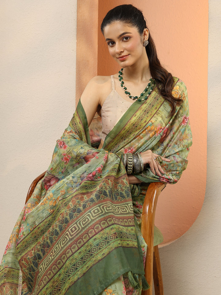 Green Printed Silk Blend Sarees With Unstitched Blouse Piece