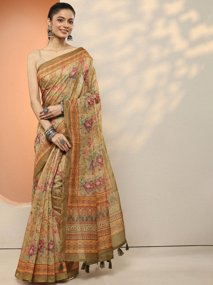 Yellow Printed Silk Blend Sarees With Unstitched Blouse Piece