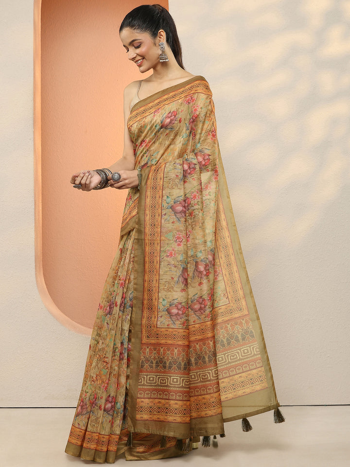 Yellow Printed Silk Blend Sarees With Unstitched Blouse Piece