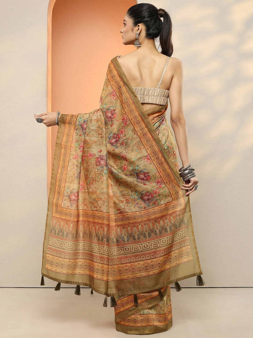 Yellow Printed Silk Blend Sarees With Unstitched Blouse Piece