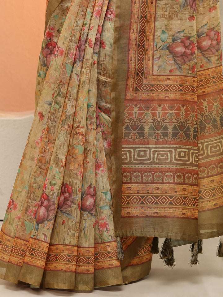 Yellow Printed Silk Blend Sarees With Unstitched Blouse Piece