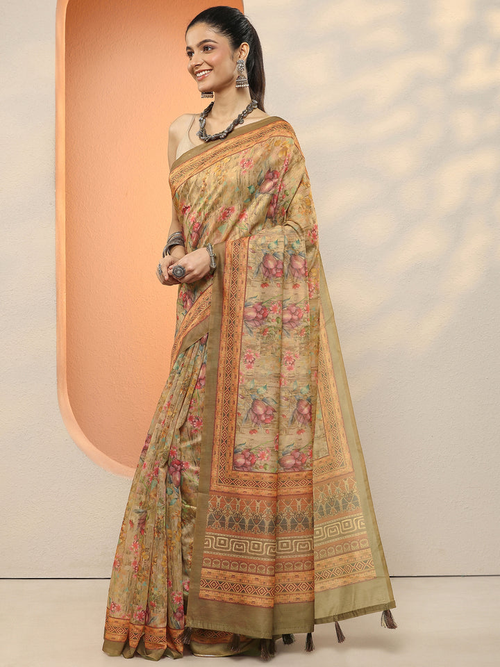Brown Printed Silk Blend Sarees With Unstitched Blouse Piece