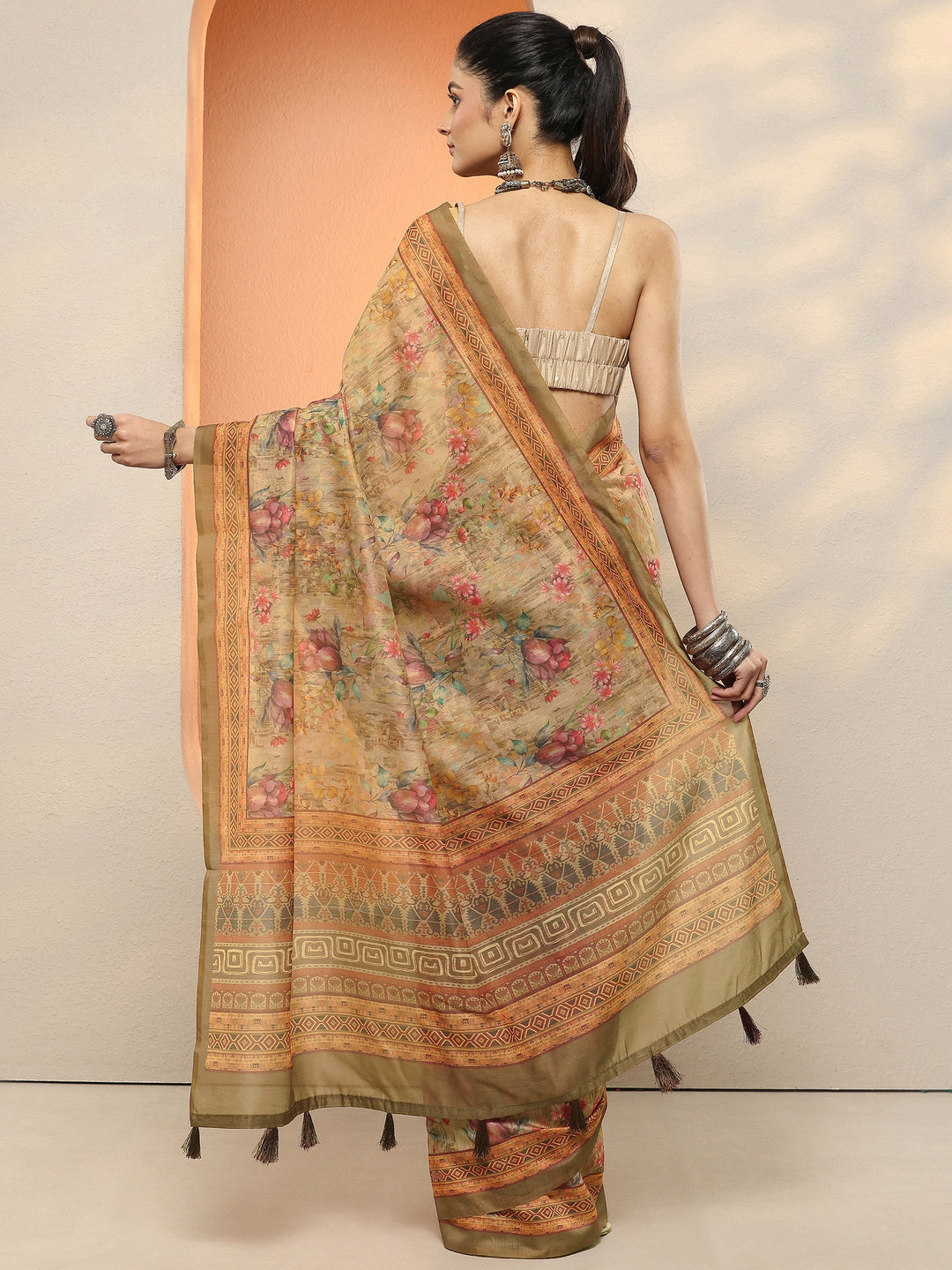 Brown Printed Silk Blend Sarees With Unstitched Blouse Piece