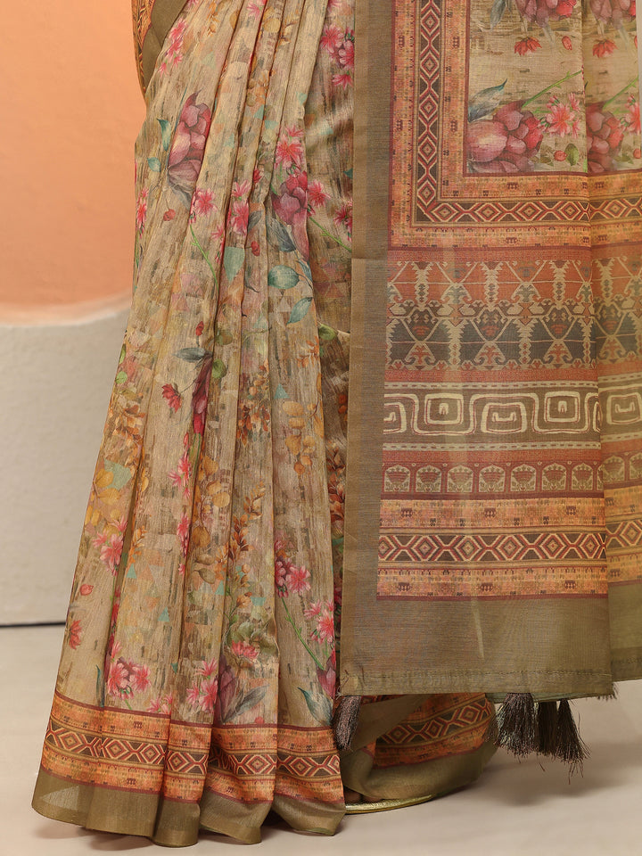 Brown Printed Silk Blend Sarees With Unstitched Blouse Piece