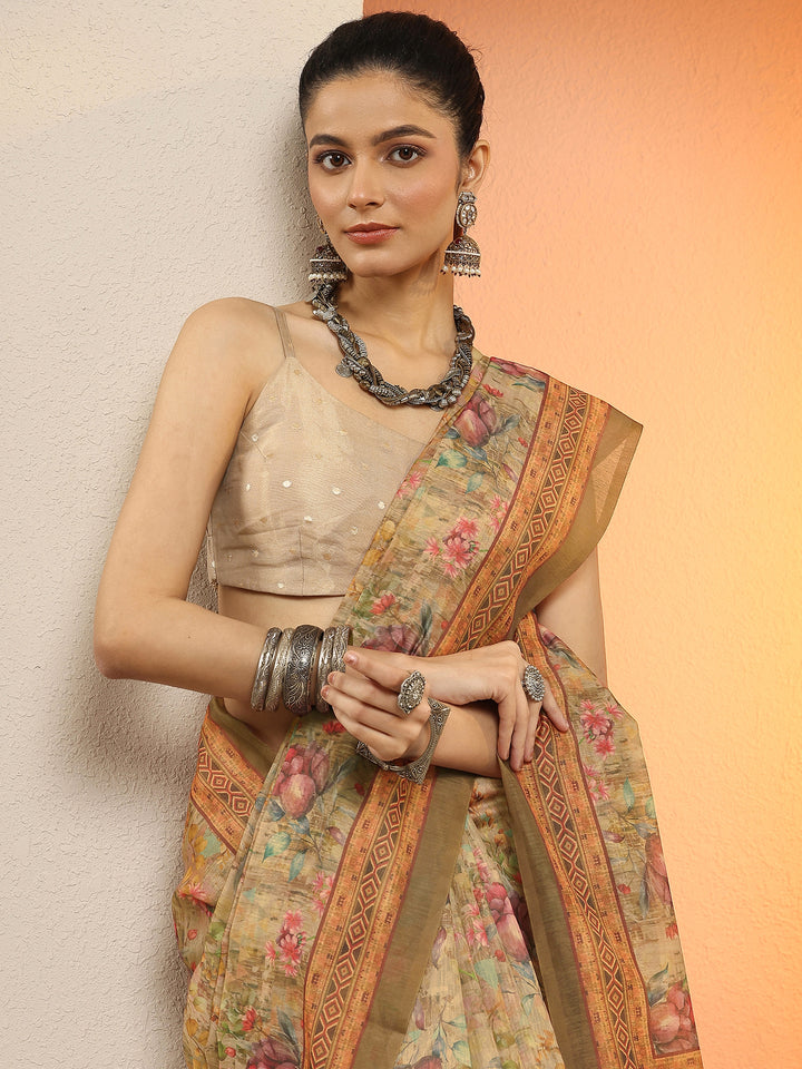 Brown Printed Silk Blend Sarees With Unstitched Blouse Piece
