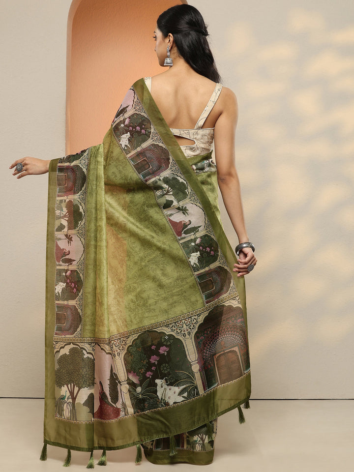 Green Printed Silk Blend Saree With Unstitched Blouse Piece