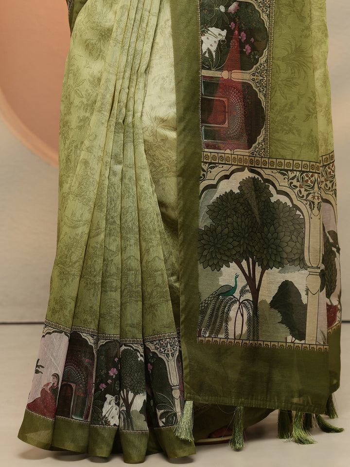 Green Printed Silk Blend Saree With Unstitched Blouse Piece