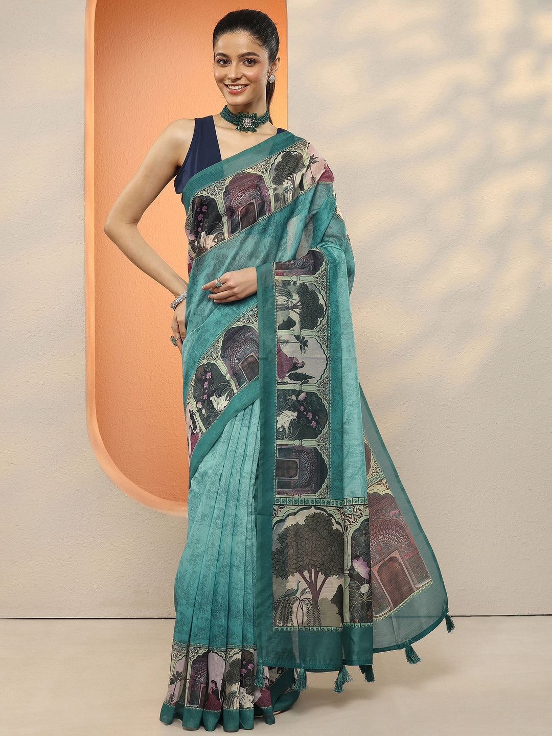 Blue Printed Silk Blend Sarees With Unstitched Blouse Piece