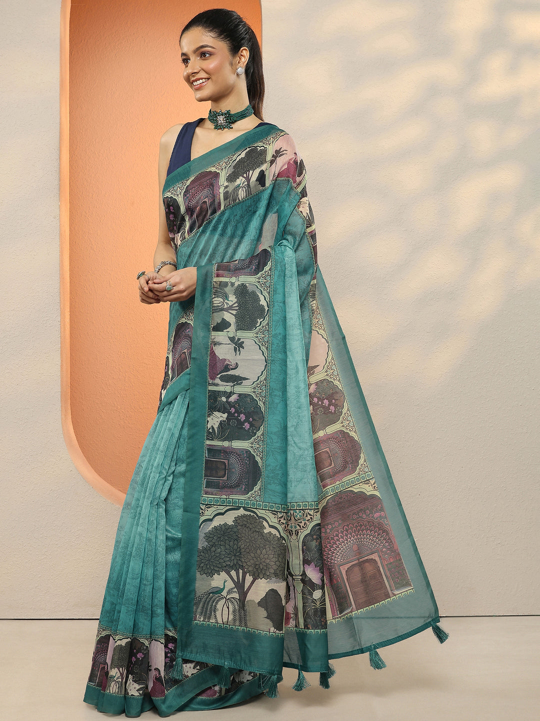 Blue Printed Silk Blend Sarees With Unstitched Blouse Piece