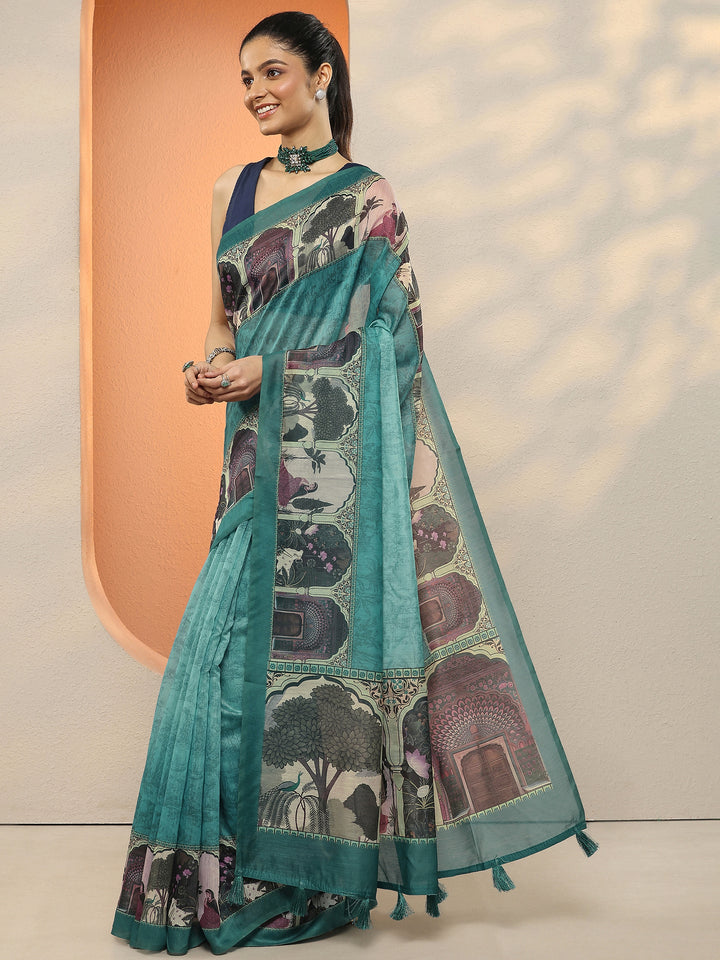 Blue Printed Silk Blend Sarees With Unstitched Blouse Piece
