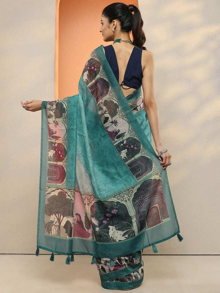 Blue Printed Silk Blend Sarees With Unstitched Blouse Piece