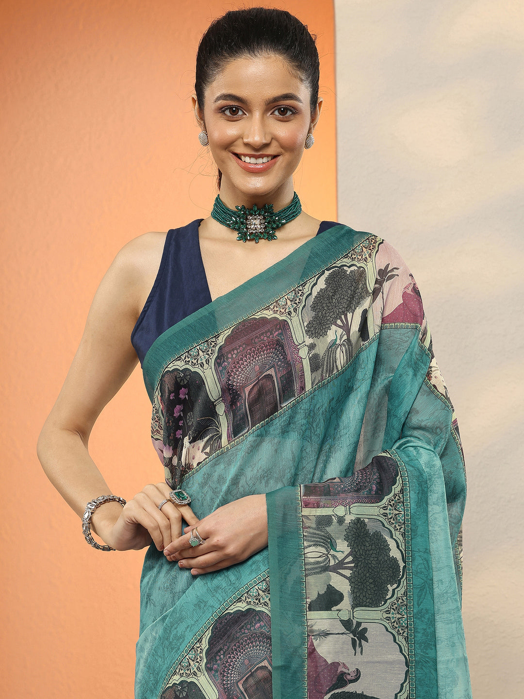 Blue Printed Silk Blend Sarees With Unstitched Blouse Piece