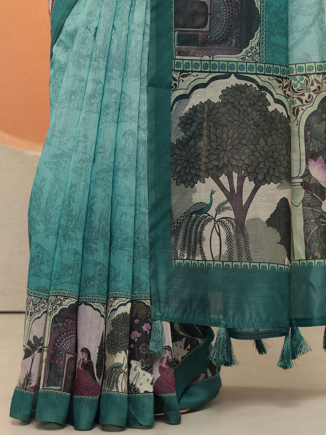 Blue Printed Silk Blend Sarees With Unstitched Blouse Piece