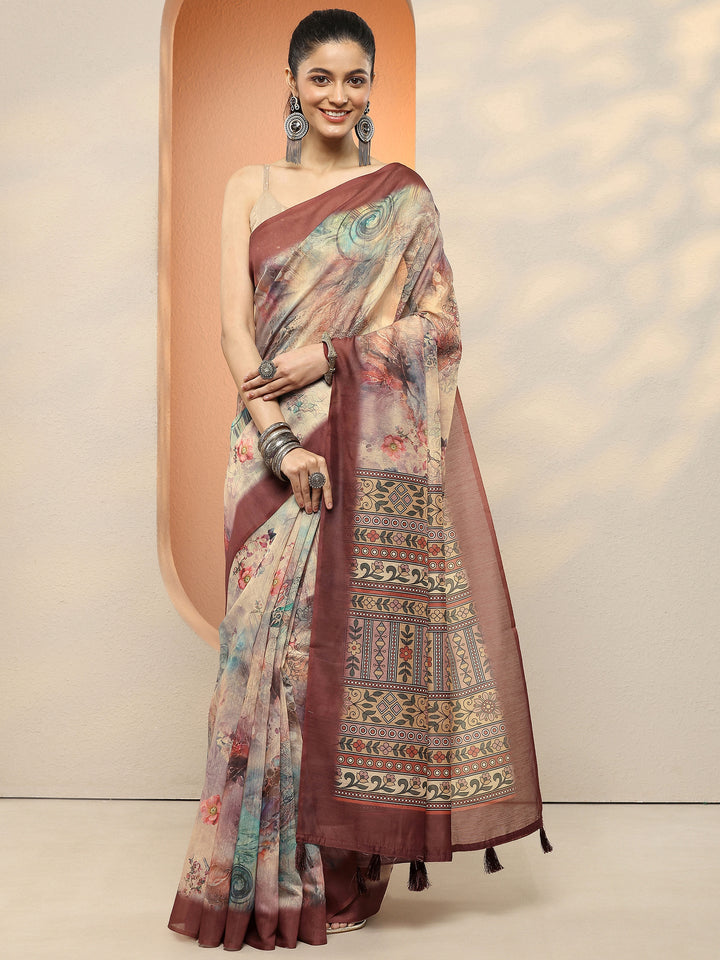 Peach Printed Silk Blend Sarees With Unstitched Blouse Piece