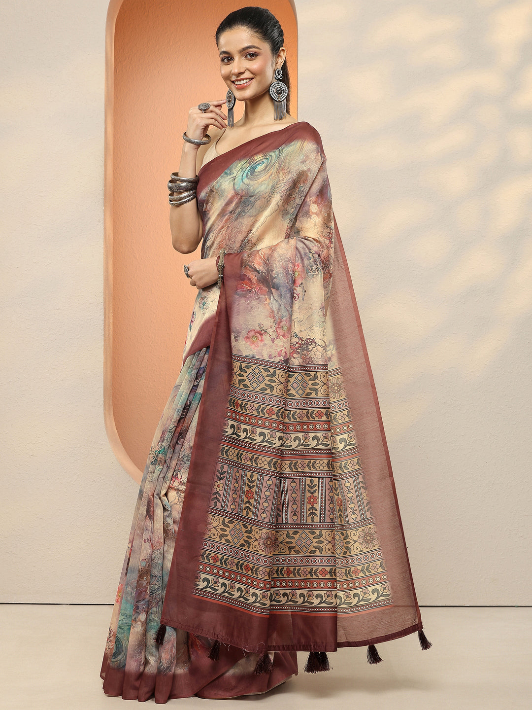 Peach Printed Silk Blend Sarees With Unstitched Blouse Piece