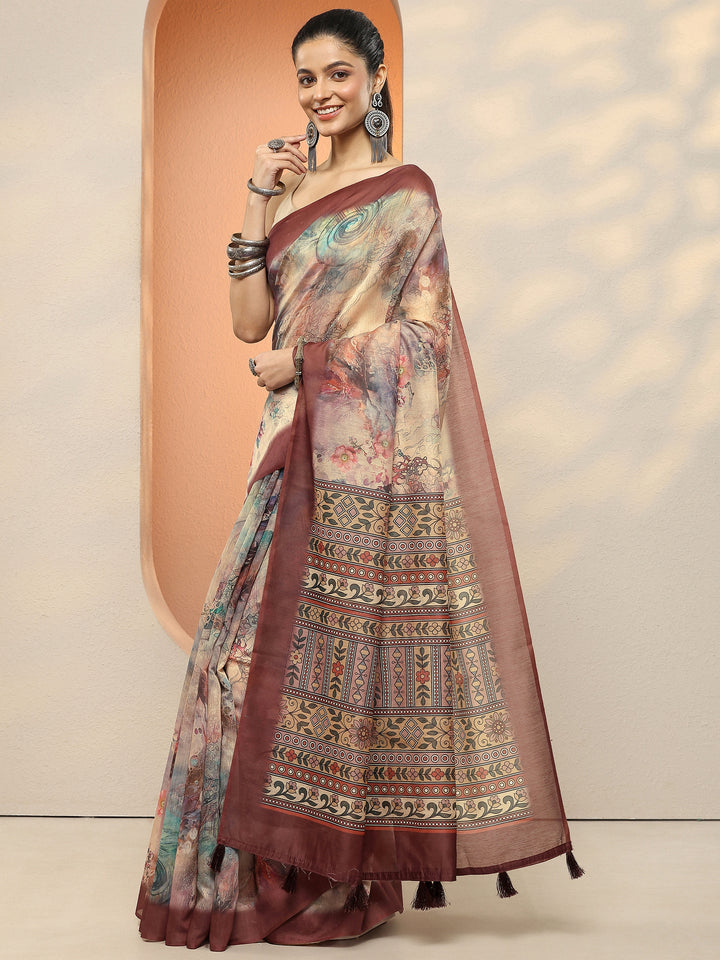 Peach Printed Silk Blend Sarees With Unstitched Blouse Piece