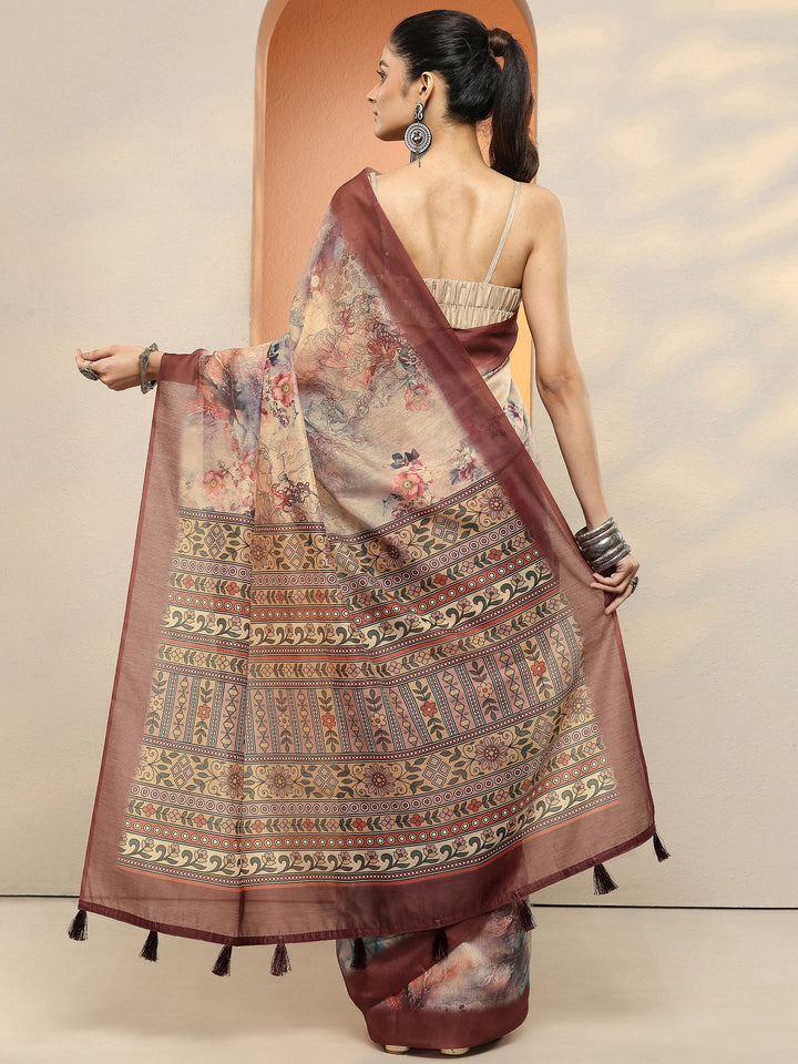 Peach Printed Silk Blend Sarees With Unstitched Blouse Piece