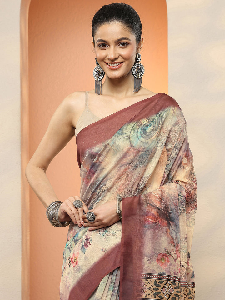 Peach Printed Silk Blend Sarees With Unstitched Blouse Piece
