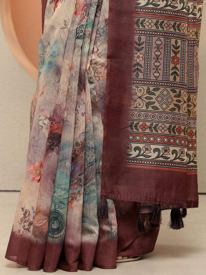 Peach Printed Silk Blend Sarees With Unstitched Blouse Piece