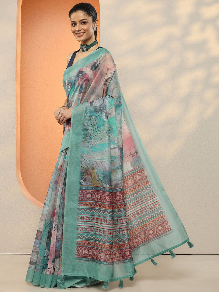 Blue Printed Silk Blend Sarees With Unstitched Blouse Piece