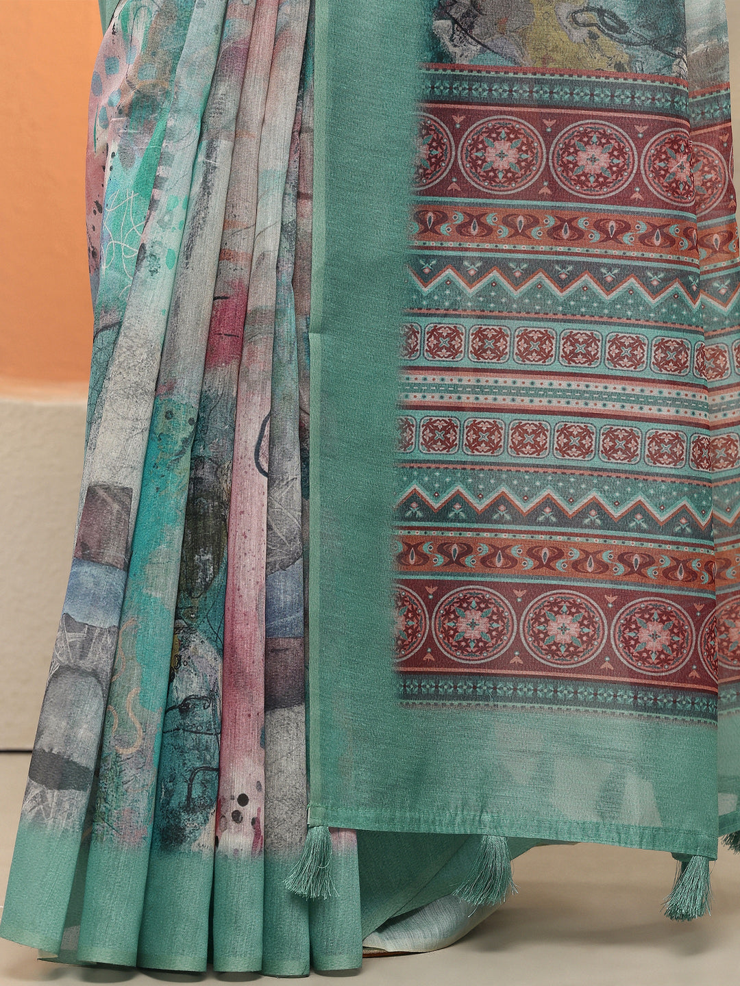 Blue Printed Silk Blend Sarees With Unstitched Blouse Piece