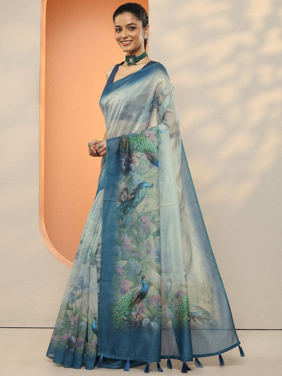 Blue Printed Silk Blend Sarees With Unstitched Blouse Piece