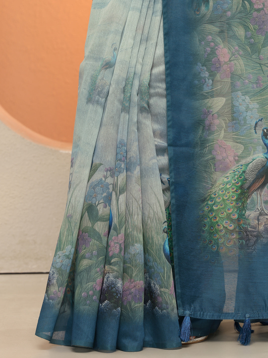 Blue Printed Silk Blend Sarees With Unstitched Blouse Piece