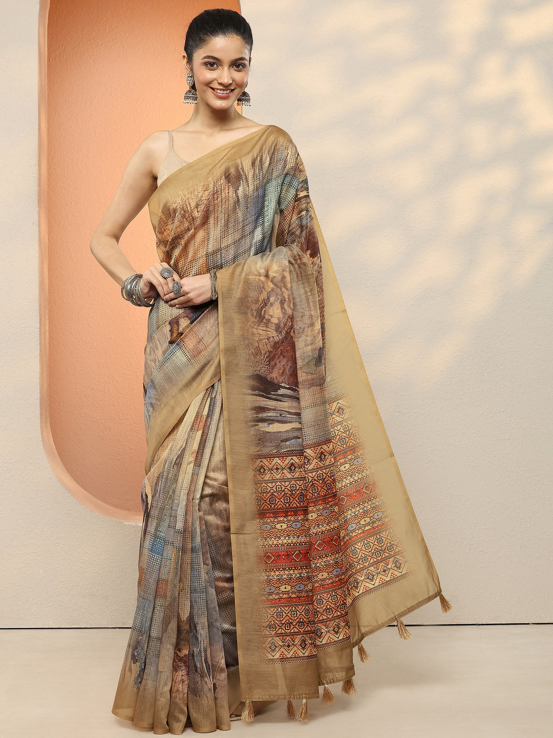 Mustard Printed Silk Blend Sarees With Unstitched Blouse Piece