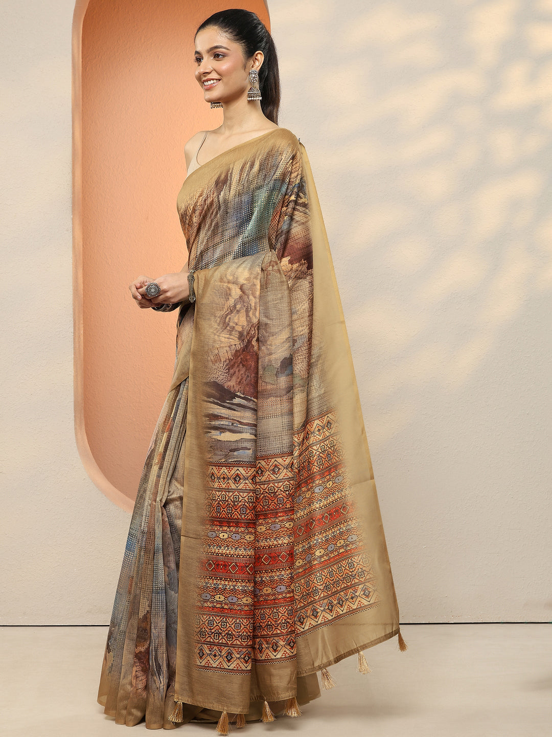 Mustard Printed Silk Blend Sarees With Unstitched Blouse Piece