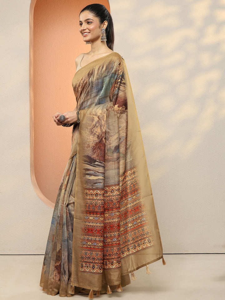Mustard Printed Silk Blend Sarees With Unstitched Blouse Piece