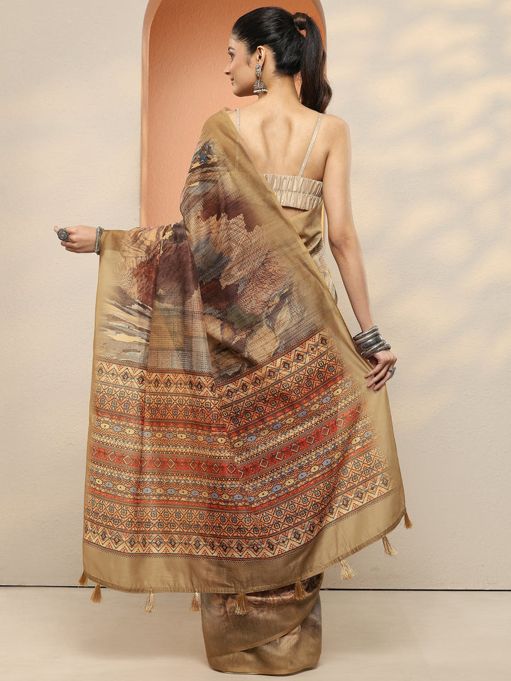 Mustard Printed Silk Blend Sarees With Unstitched Blouse Piece