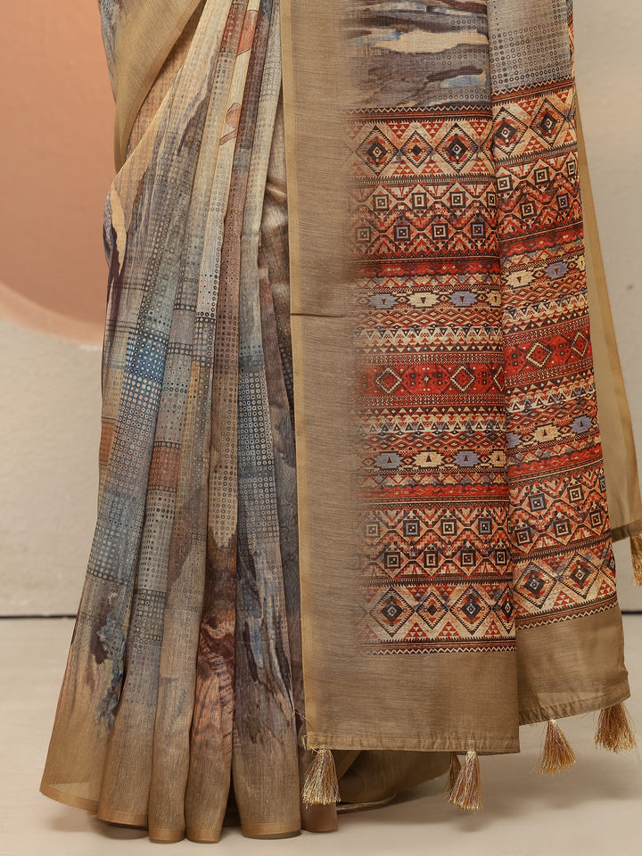 Mustard Printed Silk Blend Sarees With Unstitched Blouse Piece